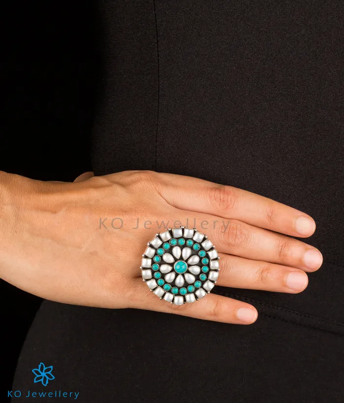 Rings Gemstone The Chitrani Silver Gemstone Cocktail Fingerring PearlTurquoise