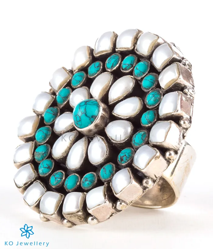 Rings Gemstone The Chitrani Silver Gemstone Cocktail Fingerring PearlTurquoise