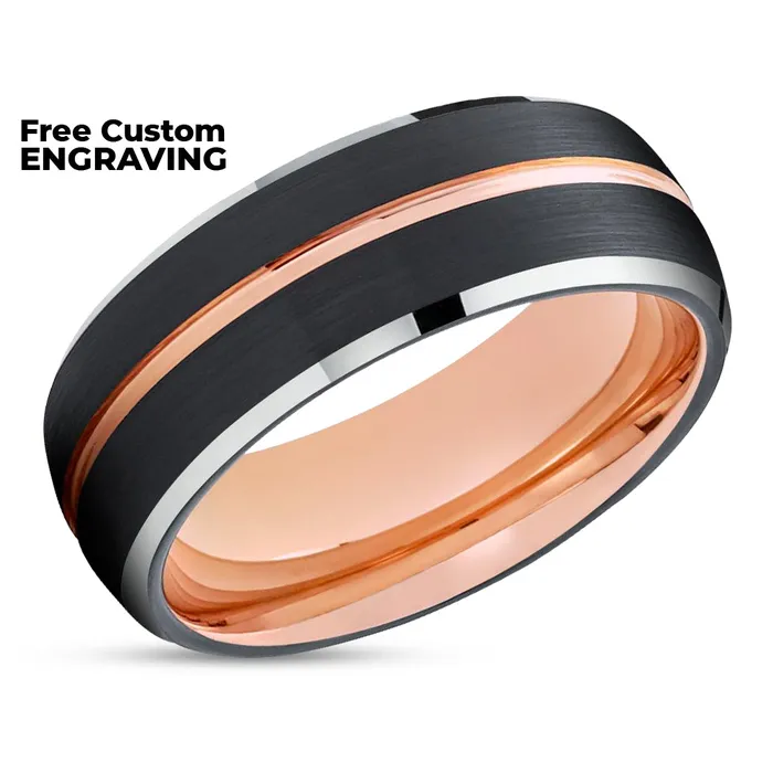 Clean Casting Jewelry Rings Black Wedding Ring Rose Gold Wedding Band 18k Rose Gold Black Tungsten Ring Dome