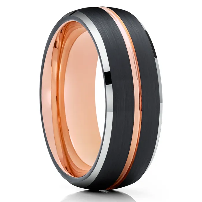 Clean Casting Jewelry Rings Black Wedding Ring Rose Gold Wedding Band 18k Rose Gold Black Tungsten Ring Dome