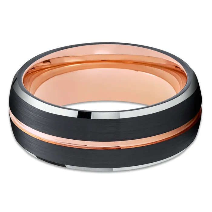 Clean Casting Jewelry Rings Black Wedding Ring Rose Gold Wedding Band 18k Rose Gold Black Tungsten Ring Dome