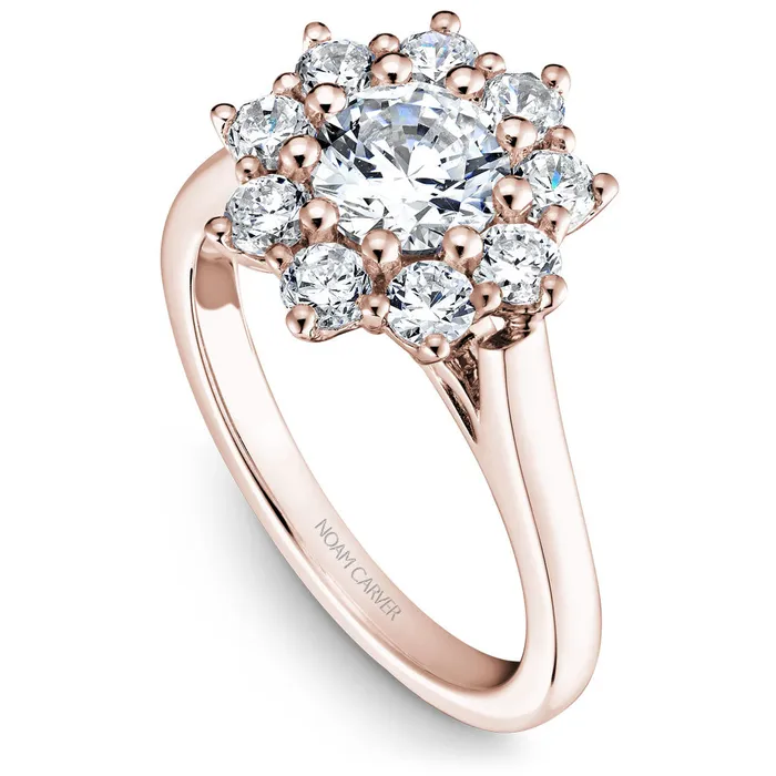 International Diamond Center Rings Noam Carver Rose Gold Shared Prong Floral Halo Engagement Ring Setting 093 CTW