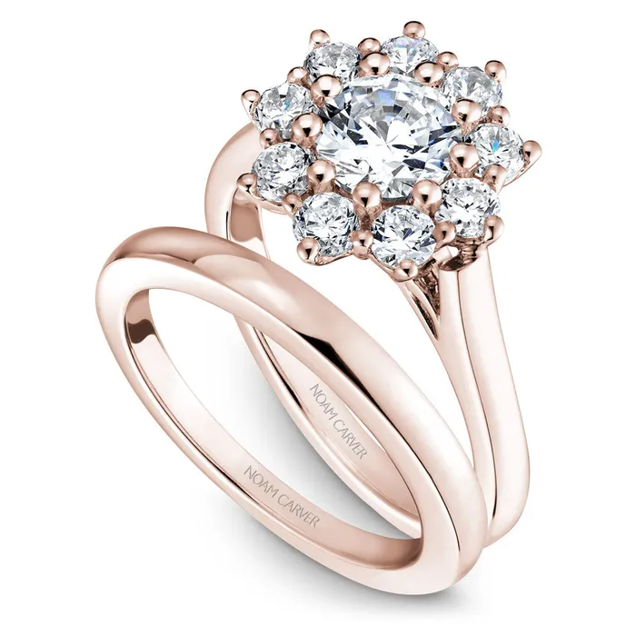 International Diamond Center Rings Noam Carver Rose Gold Shared Prong Floral Halo Engagement Ring Setting 093 CTW