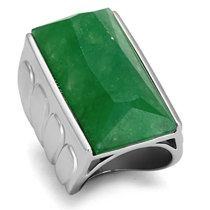 Alamode Rings LO3023 Rhodium Brass Ring with Synthetic Jade in Emerald