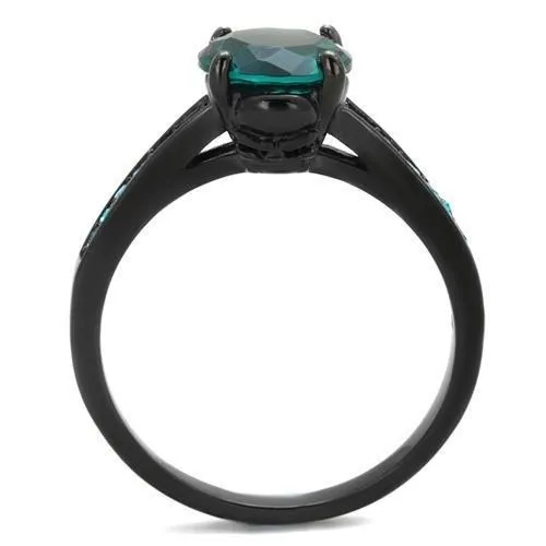 Alamode Rings TK2014 IP BlackIon Plating Stainless Steel Ring with Synthetic Synthetic Glass in Blue Zircon