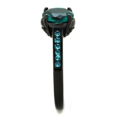 Alamode Rings TK2014 IP BlackIon Plating Stainless Steel Ring with Synthetic Synthetic Glass in Blue Zircon