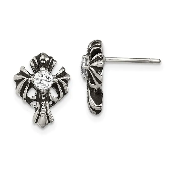 Chisel Earrings Stainless Steel Antiqued Cross with CZ Post Earrings