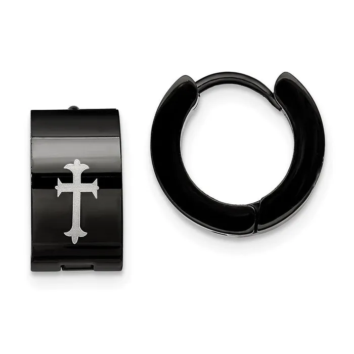 Chisel Earrings Stainless Steel Black IPplated Round Hinged Hoop w Cross Earrings Chisel Earrings Stainless Steel Black IPplated Round Hinged Hoop w Cross Earrings
