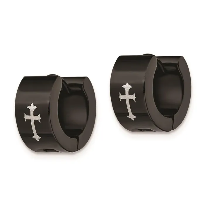 Chisel Earrings Stainless Steel Black IPplated Round Hinged Hoop w Cross Earrings
