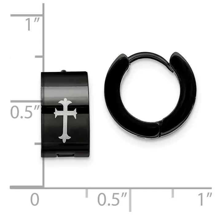 Chisel Earrings Stainless Steel Black IPplated Round Hinged Hoop w Cross Earrings
