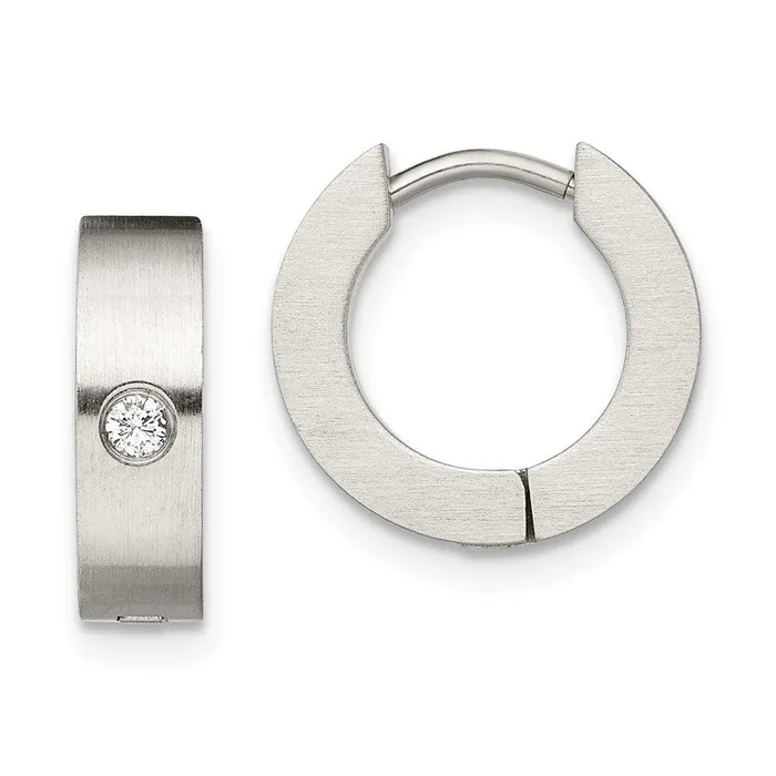 Chisel Earrings Stainless Steel CZ Brushed Hinged Hoop Earrings