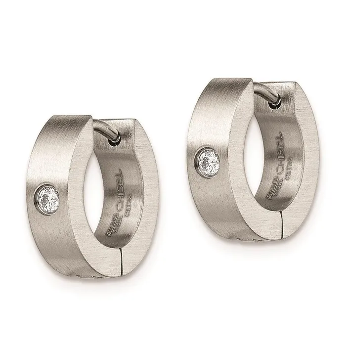 Chisel Earrings Stainless Steel CZ Brushed Hinged Hoop Earrings Chisel Earrings Stainless Steel CZ Brushed Hinged Hoop Earrings