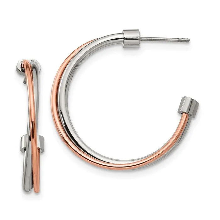 Chisel Earrings Stainless Steel Polished Rose IPplated Post Hoop Earrings