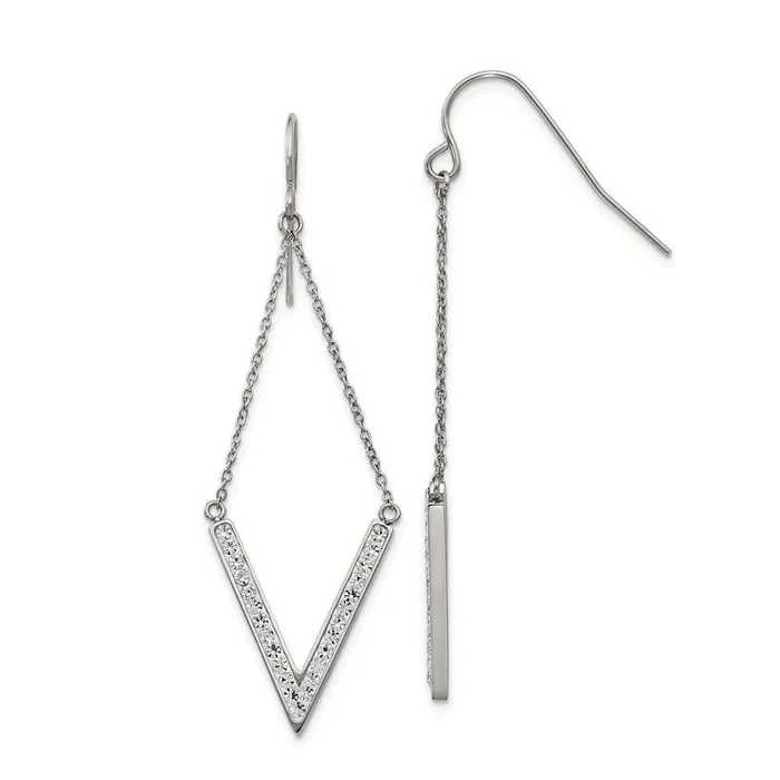 Chisel Earrings Stainless Steel Polished wPreciosa Crystal Vshape Shepherd Hook Earrings Chisel Earrings Stainless Steel Polished wPreciosa Crystal Vshape Shepherd Hook Earrings