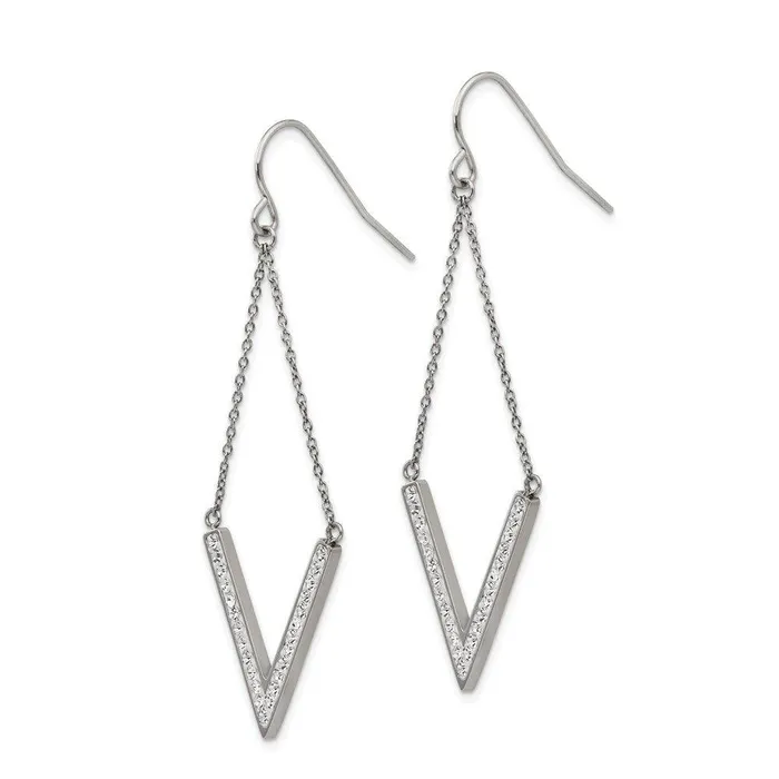 Chisel Earrings Stainless Steel Polished wPreciosa Crystal Vshape Shepherd Hook Earrings