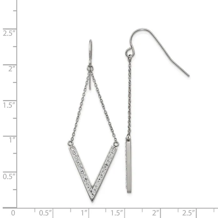 Chisel Earrings Stainless Steel Polished wPreciosa Crystal Vshape Shepherd Hook Earrings