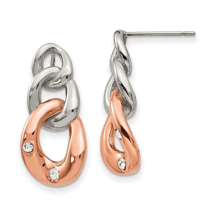 Chisel Earrings Stainless Steel Polished wRose IP Loop Crystal Dangle Post Earrings Chisel Earrings Stainless Steel Polished wRose IP Loop Crystal Dangle Post Earrings