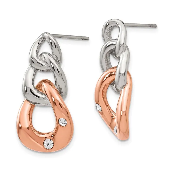 Chisel Earrings Stainless Steel Polished wRose IP Loop Crystal Dangle Post Earrings