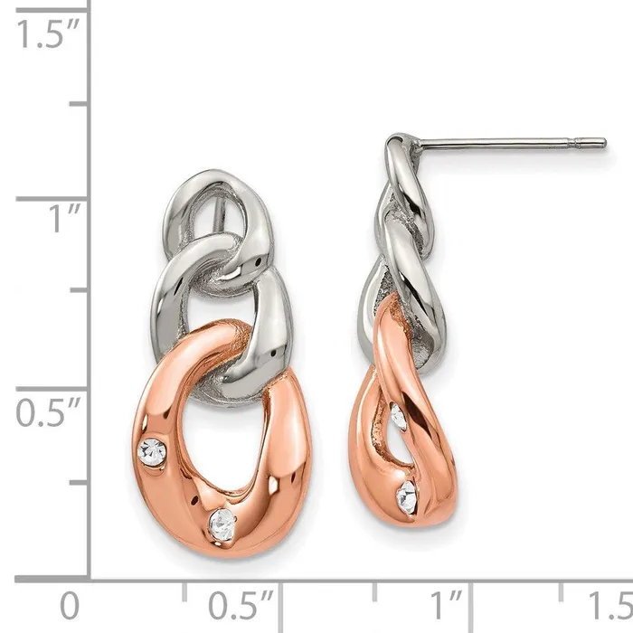 Chisel Earrings Stainless Steel Polished wRose IP Loop Crystal Dangle Post Earrings