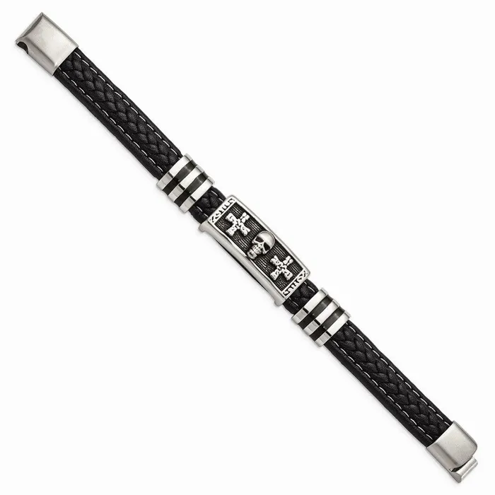 Chisel Stainless Steel Antiqued Polished wEnamel Skull Faux Leather Bracelet Bracelets Chisel Stainless Steel Antiqued Polished wEnamel Skull Faux Leather Bracelet Bracelets
