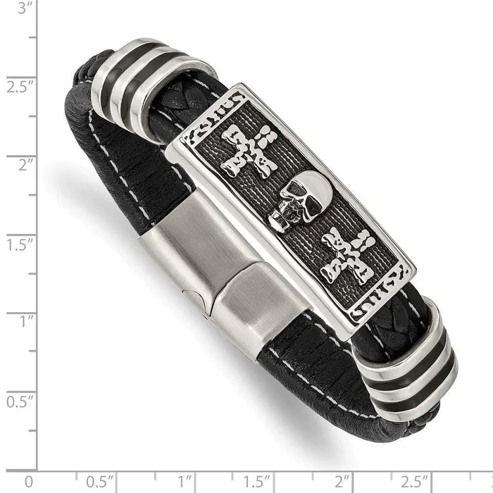 Chisel Stainless Steel Antiqued Polished wEnamel Skull Faux Leather Bracelet Bracelets Chisel Stainless Steel Antiqued Polished wEnamel Skull Faux Leather Bracelet Bracelets