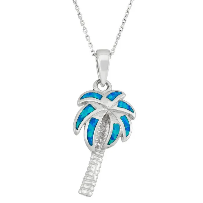 Classic Necklaces Sterling Silver Blue Inlay Opal Palm Tree Pendant