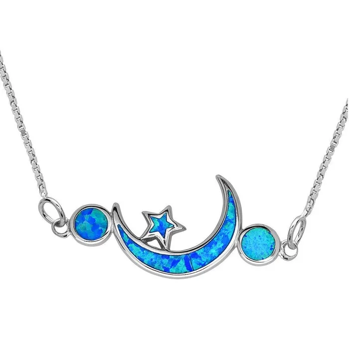 Classic Necklaces Sterling Silver Blue Opal Moon with Star Necklace