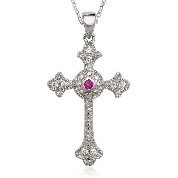 Classic Necklaces Sterling Silver Ruby and Clear CZ Cross Pendant