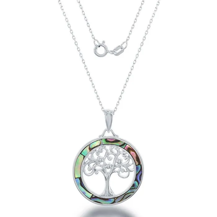Classic Sterling Silver Round Abalone Tree of Life Pendant Necklaces