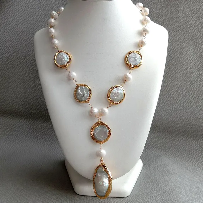 Divine Inspiration Styles Necklaces KEYGEMS Womens Elegant Fashion Stylish Genuine Natural Freshwater Pearl Gold Plated Necklace Jewelry