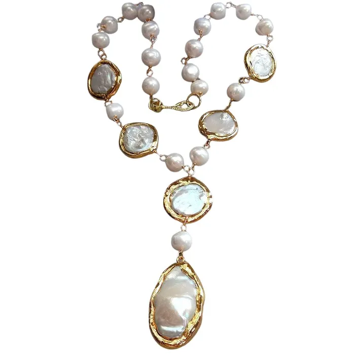 Divine Inspiration Styles Necklaces KEYGEMS Womens Elegant Fashion Stylish Genuine Natural Freshwater Pearl Gold Plated Necklace Jewelry