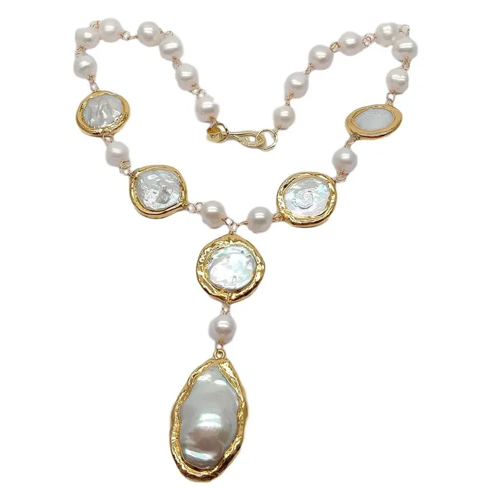 Divine Inspiration Styles Necklaces KEYGEMS Womens Elegant Fashion Stylish Genuine Natural Freshwater Pearl Gold Plated Necklace Jewelry