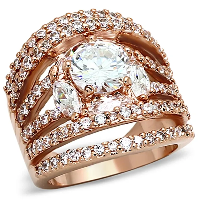 LOA879 Rose Gold Brass Ring with AAA Grade CZ in Clear Alamode Rings