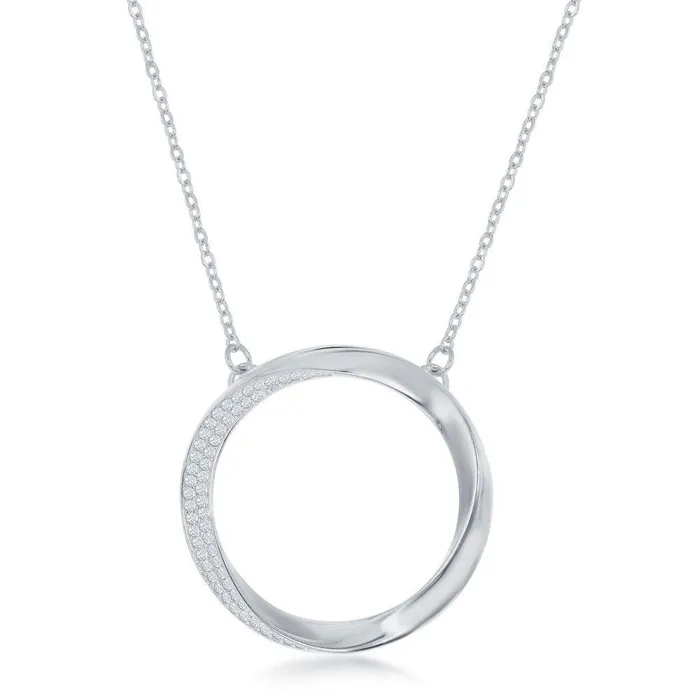 Necklaces Classic Sterling Silver Half MicroPave Twisted Open Circle Necklace