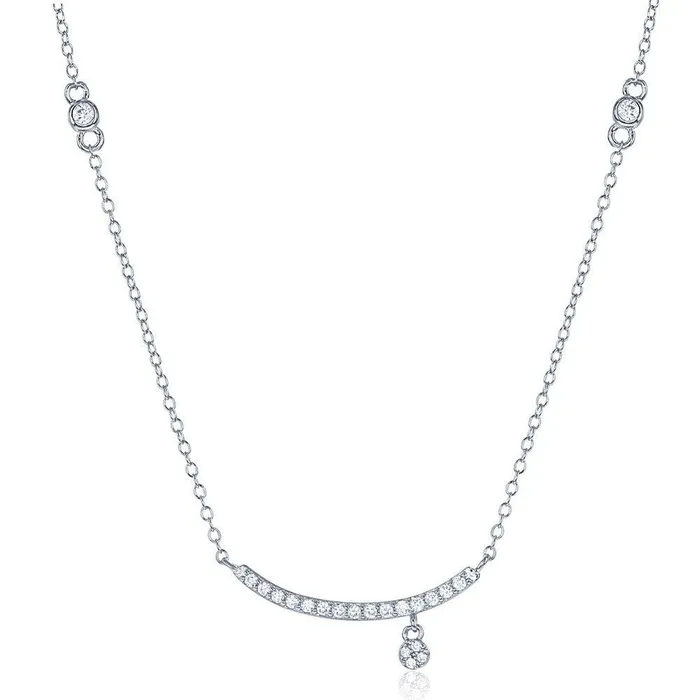 Necklaces Classic Sterling Silver Thin CZ Curved Bar with Charm Necklace