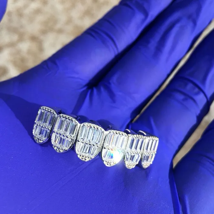 Real 925 Sterling Silver Iced Baguette Grillz Bottom Six Teeth Bling Cartel Admin Rings