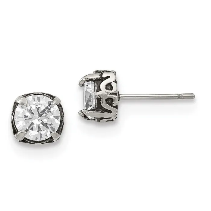 Stainless Steel Antiqued and Polished CZ Post Earrings Chisel Earrings