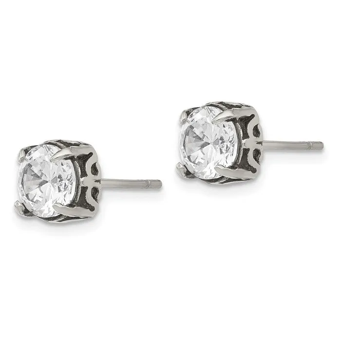 Stainless Steel Antiqued and Polished CZ Post Earrings Chisel Earrings Stainless Steel Antiqued and Polished CZ Post Earrings Chisel Earrings