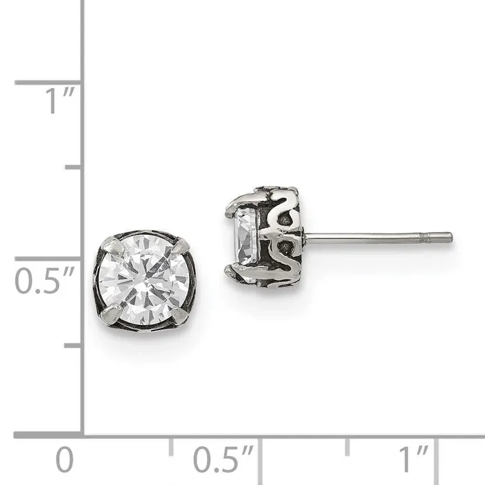 Stainless Steel Antiqued and Polished CZ Post Earrings Chisel Earrings Stainless Steel Antiqued and Polished CZ Post Earrings Chisel Earrings