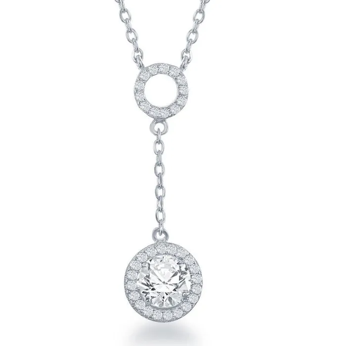 Sterling Silver Open CZ Circle with Round Dropdown CZ Necklace Classic Necklaces