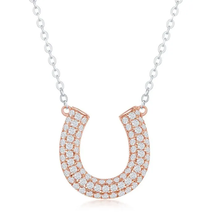 Sterling Silver Rose GP Micro Pave CZ Horseshoe Necklace Classic Necklaces
