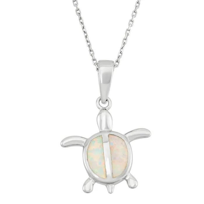 Sterling Silver White Inlay Opal Turtle Pendant Classic Necklaces