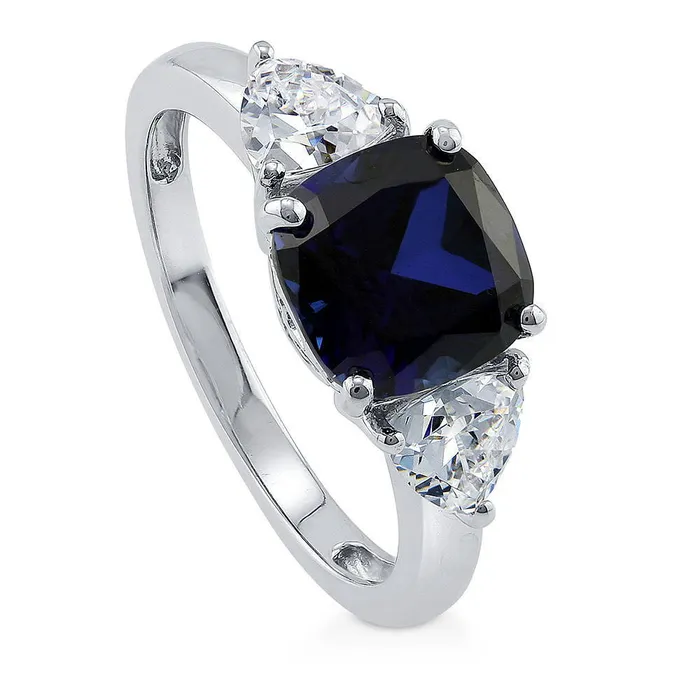 3Stone 3ct Simulated Blue Sapphire CZ Ring in Sterling Silver BERRICLE Rings