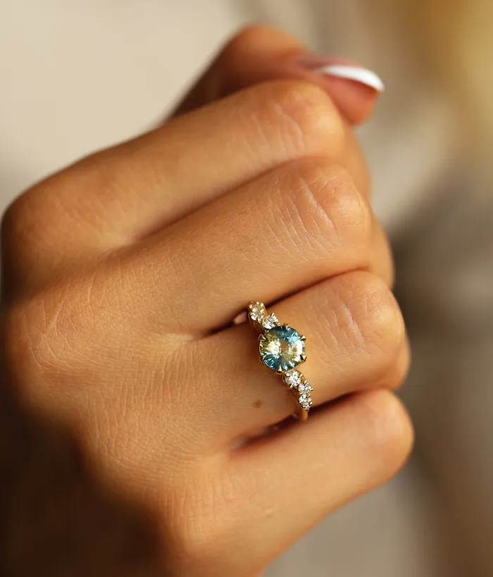 Capucinne Rings Round bicolor sapphire and diamond cluster ring