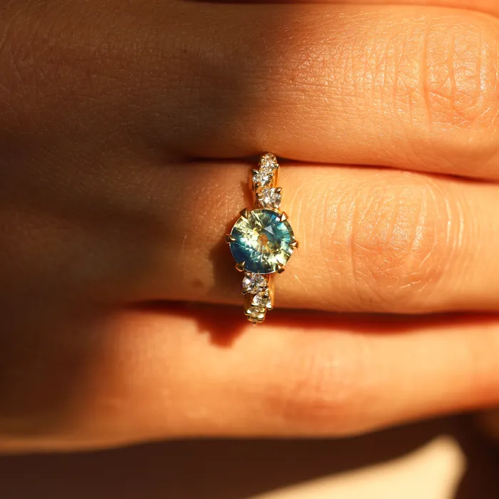Capucinne Rings Round bicolor sapphire and diamond cluster ring