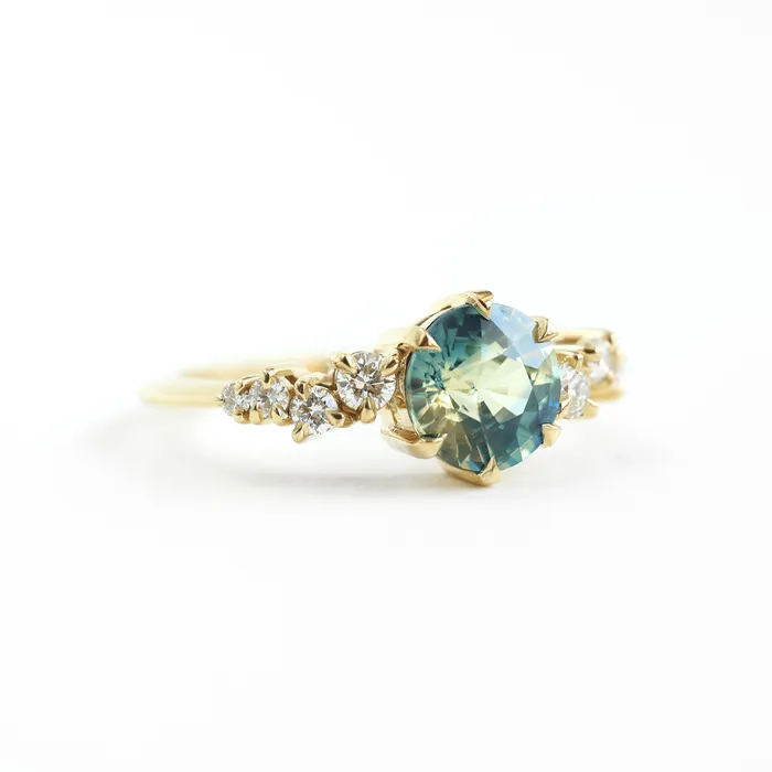 Capucinne Rings Round bicolor sapphire and diamond cluster ring