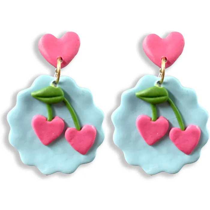 Earrings Prep Obsessed FP Heart Cherry Clay Dangle Earrings Blue Pink Earrings Prep Obsessed FP Heart Cherry Clay Dangle Earrings Blue Pink