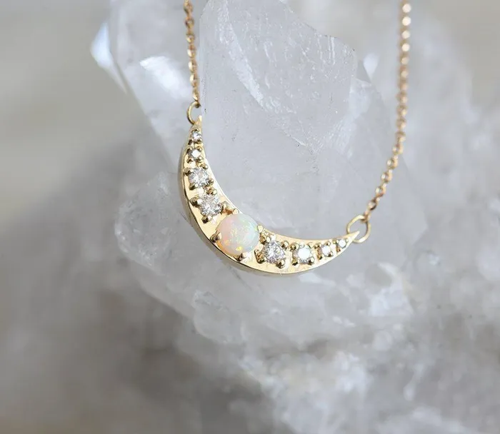 Gold Crescent Moon Necklace with Opal and Side Diamonds Capucinne Necklaces