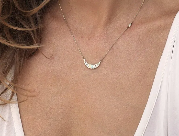 Gold Crescent Moon Necklace with Opal and Side Diamonds Capucinne Necklaces