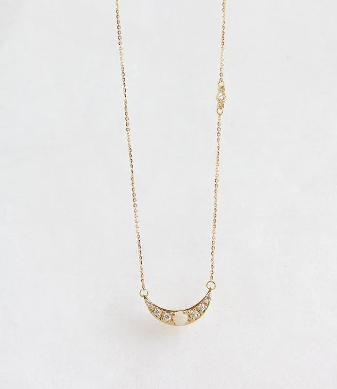 Gold Crescent Moon Necklace with Opal and Side Diamonds Capucinne Necklaces